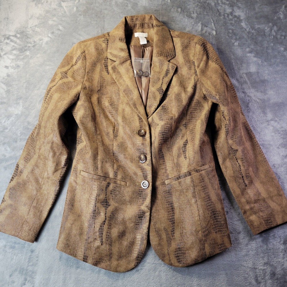 Chicos Blazer Jacket‎ Womens 0 Small Brown Snakeskin Animal Print Button Career